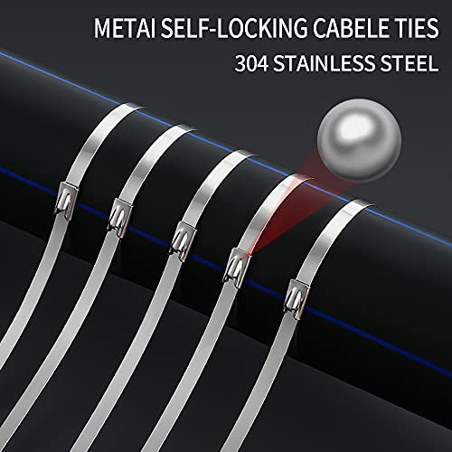 Metal Zip Ties 11.8 inch 100pcs 304Stainless steel Heavy duty Multi-purpose Self-locking Cable Ties Suitable for in machinery, vehicles, farms, pipes, roofs,cables, as well as Outdoor binding