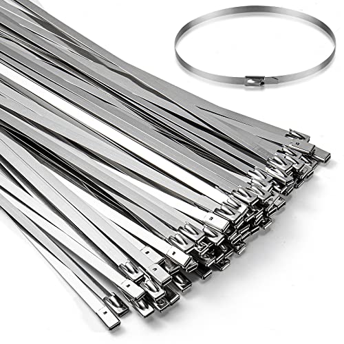 100PCS 11.8Inch Metal Cable Zip Ties - 304 stainless steel Heavy Duty Self-locking Cable Wire Tie Wrap for Fence Exhaust Wrapping Car Outdoor Canopy Automotive