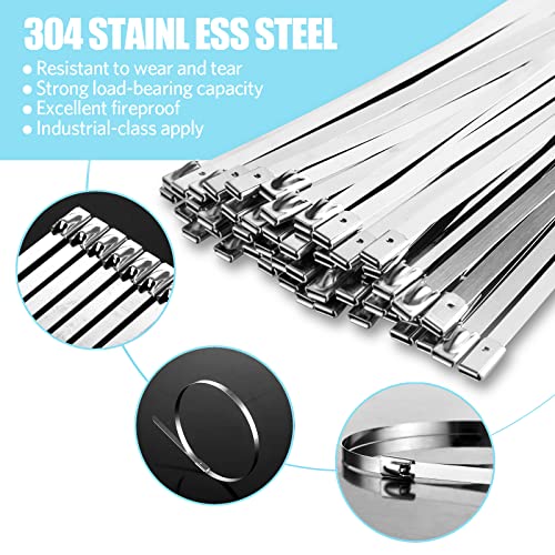 100PCS 11.8Inch Metal Cable Zip Ties - 304 stainless steel Heavy Duty Self-locking Cable Wire Tie Wrap for Fence Exhaust Wrapping Car Outdoor Canopy Automotive