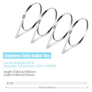 100PCS 11.8Inch Metal Cable Zip Ties - 304 stainless steel Heavy Duty Self-locking Cable Wire Tie Wrap for Fence Exhaust Wrapping Car Outdoor Canopy Automotive