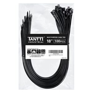 zip ties 18 inch (100 pack), black, 60lb tensile strength, uv resistant cable ties for indoor and outdoor use, by tantti supply