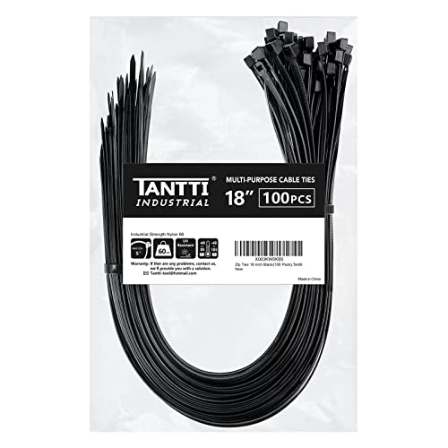 Zip Ties 18 inch (100 Pack), Black, 60lb Tensile Strength, UV Resistant Cable Ties for indoor and outdoor use, by Tantti Supply