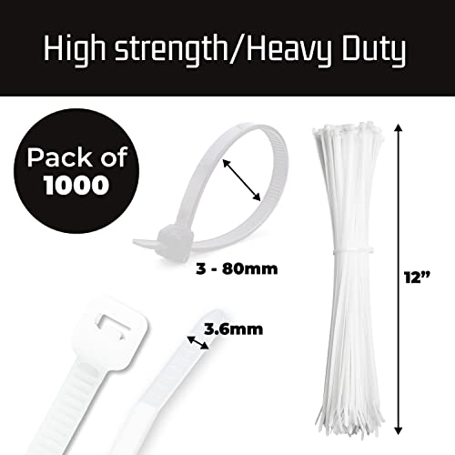 12" White Zip Cable Ties (1000 Pack), 40lbs Tensile Strength - Heavy Duty, Self-Locking Premium Plastic Cable Wire Ties for Indoor and Outdoor by Bolt Dropper (White)