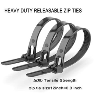 Releasable Reusable Zip Ties 12 Inch Heavy Duty Zip Tie Thick Black Cable Ties Reusable 100 Pack 50lb Tensile Strength Nylon Cable Wire Ties for Multi-Purpose Use Indoor And Outdoor Plastic Tie Wire