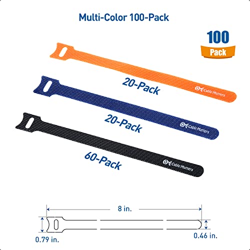 Cable Matters 100-Pack 8-inch Hook-and-Loop Reusable Wire Ties/Cable Ties with 42 lbs Tensile Strength - Multi-Color Black, Blue, and Orange Cord Ties, Cord Wrap, Zip Ties, Cable Management Straps