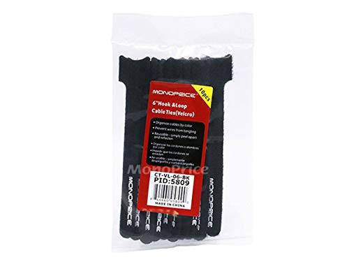 Monoprice Hook & Loop Fastening Cable Ties 6inch, 10pcs/Pack - Black