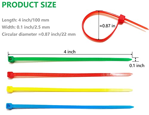 400Pcs Colored Zip Ties 4 Inch Cable Ties, 4/6/8 Inch Optional, Red Yellow Green Blue Small Zip Ties Set - 4 Inch