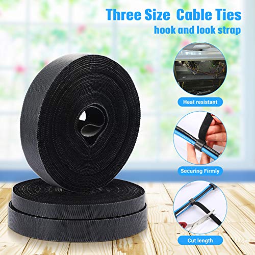 3 Rolls Fastening Tape Cable Ties Reusable Fastening Nylon Tape 1 Inch 1/2 Inch 3/4 Inch Double Side Hook Roll Hook and Loop Straps Wires Cords Management Wire Organizer Straps (30 Yard, Black)