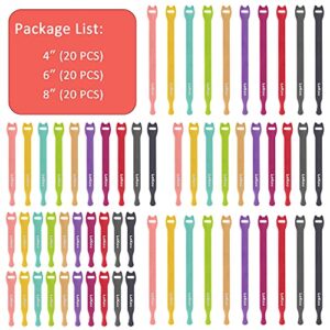 Lekou Combo Cable Ties 60 PCS- 4 Inch, 6 Inch, 8 Inch Fastening Cable Straps, Reusable Hook and Loop Straps Wire Management, Cord Organizer Cable Ties for Home Desk Office Organization