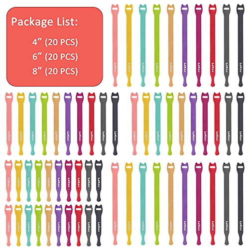 Lekou Combo Cable Ties 60 PCS- 4 Inch, 6 Inch, 8 Inch Fastening Cable Straps, Reusable Hook and Loop Straps Wire Management, Cord Organizer Cable Ties for Home Desk Office Organization