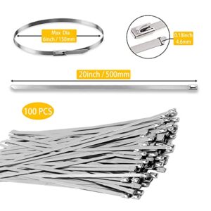 Metal Cable Zip Ties 20 Inch 100pcs 304 Stainless Steel Heavy duty Self-locking Cable Wire Ties with 200 Pounds Tensile Strength, Zip Ties High Temperature Resistance, and Corrosion Resistance