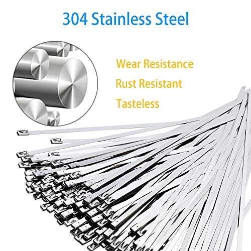 Metal Cable Zip Ties 20 Inch 100pcs 304 Stainless Steel Heavy duty Self-locking Cable Wire Ties with 200 Pounds Tensile Strength, Zip Ties High Temperature Resistance, and Corrosion Resistance