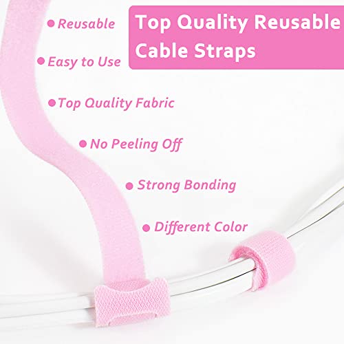 70pcs Computer Cable Ties, Wire Ties, Cord Ties Reusable for Electronics, Hook and Loop Microfiber Cable Ties Extension for Storage, pink, 4, 6, 8 inch