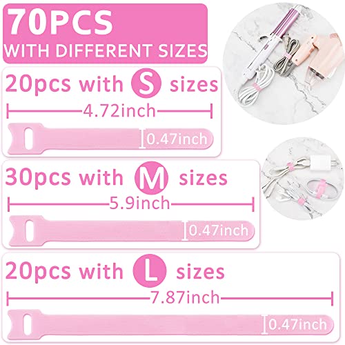 70pcs Computer Cable Ties, Wire Ties, Cord Ties Reusable for Electronics, Hook and Loop Microfiber Cable Ties Extension for Storage, pink, 4, 6, 8 inch