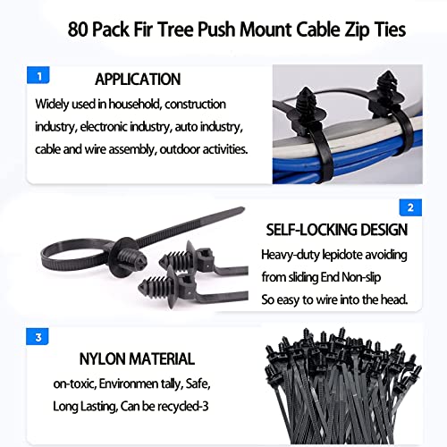 80 Pack Nylon Push Mount Cable Zip Tie, 8.3"x0.18" Heavy Duty Nylon Push Mount Self Locking UV Resistant Assortment for Indoor Wire Tying (Black)