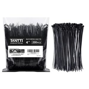 zip ties 4 inch, small zip ties with 18 lb tensile strength, black, 200 pack, by tantti supply