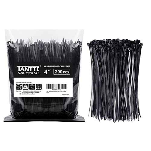 Zip Ties 4 inch, Small Zip Ties with 18 lb Tensile Strength, Black, 200 Pack, by Tantti Supply