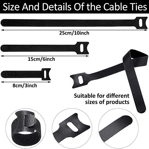 Riakrum 120 Pieces Reusable Fastening Cable Ties Cable Fastener Straps 3, 6, 10 Inch Multi-Purpose Adjustable Hook and Loop Cord Ties Nylon Cord Wire Organizer for Tying Wires (Black)