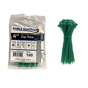 kable kontrol green zip ties 4 inch 100 pcs, 18 lbs tensile strength, self-locking nylon colored cable ties wire wraps for indoor or outdoor use