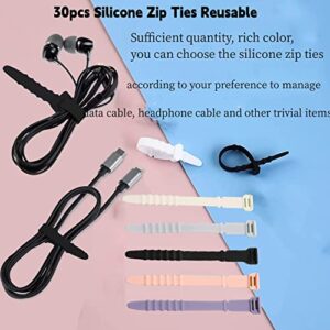 YVPSI 30pcs Silicone Zip Ties Reusable Wire Ties Cord Rubber Cable Ties Straps Elastic Cable Organizer Straps Silicone Cord Organizer Straps for Cords Wire USB Charge Management Travel Home Office