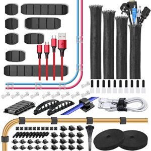cord management organizer kit 6 cable sleeve split with,50 self adhesive cable clips holder,100 fastening cable ties,10 adhesive cable clips ,2 roll self adhesive tie for tv office desk car desk home