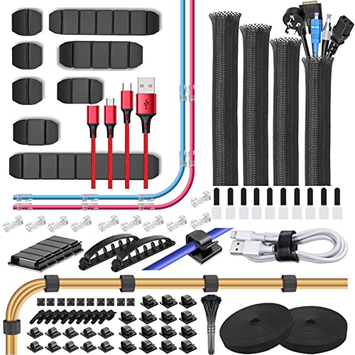 Cord Management Organizer Kit 6 Cable Sleeve Split with,50 Self Adhesive Cable Clips Holder,100 Fastening Cable Ties,10 Adhesive Cable Clips ,2 Roll Self Adhesive tie for TV Office Desk Car Desk Home