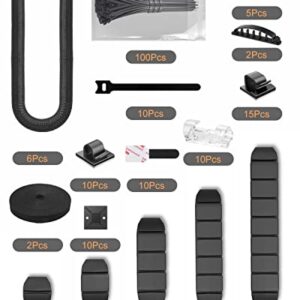 Cord Management Organizer Kit 6 Cable Sleeve Split with,50 Self Adhesive Cable Clips Holder,100 Fastening Cable Ties,10 Adhesive Cable Clips ,2 Roll Self Adhesive tie for TV Office Desk Car Desk Home