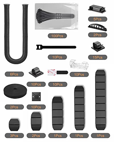 Cord Management Organizer Kit 6 Cable Sleeve Split with,50 Self Adhesive Cable Clips Holder,100 Fastening Cable Ties,10 Adhesive Cable Clips ,2 Roll Self Adhesive tie for TV Office Desk Car Desk Home