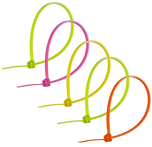 Power Gear 8-Inch Zip Ties, 100 Pack, Durable Nylon, Self-Locking, 40 Lbs. Tensile Strength, 1 7/8 Inch Maximum Diameter, Assorted Neon, 50296