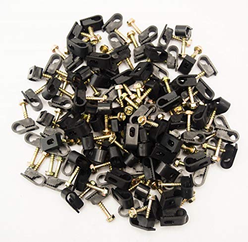 Stanz (TM) Flex Single Coaxial Cable Clips, Cat6, Electrical Wire Cable Clip, 1/4 in (6 mm) Screw Clip and Fastener, Black (100 Pieces per Bag)