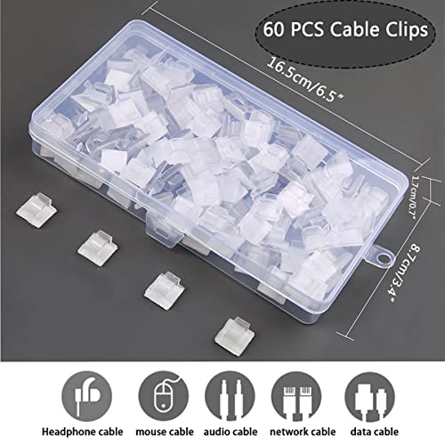 60PCS Cable Clips, KGROTE Outdoor Light Wire Clips Adhesive Cable Hooks Cord Clips Wire Organizer Holder for Desk, Wall Cable Management, Christmas Lights, Fairy Lights, Decorations Hanging - Clear