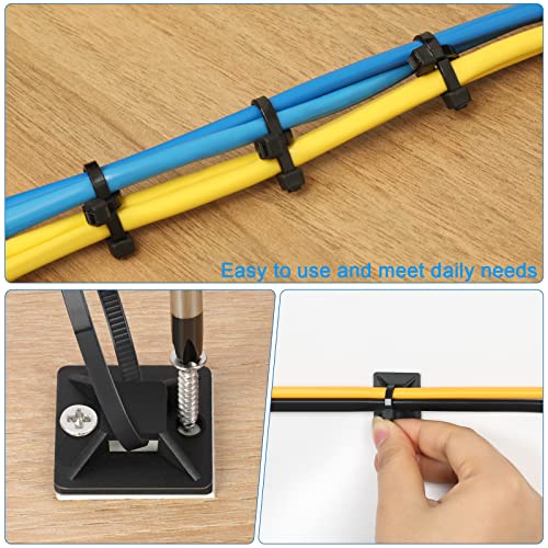 4/5" Zip Tie Mounts with 7.8" Cable Ties and 304 Stainless Steel Screws, Back Self-Adhesive Clips for Wire and Cord Management, Black Squares Cable Wall Anchors, Zip Tie Holders Indoor Or Outdoor