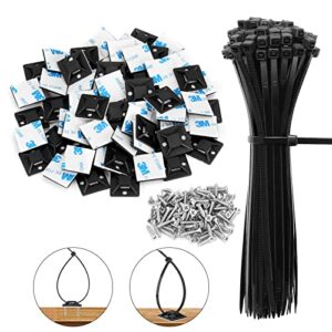 4/5" zip tie mounts with 7.8" cable ties and 304 stainless steel screws, back self-adhesive clips for wire and cord management, black squares cable wall anchors, zip tie holders indoor or outdoor