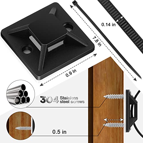 4/5" Zip Tie Mounts with 7.8" Cable Ties and 304 Stainless Steel Screws, Back Self-Adhesive Clips for Wire and Cord Management, Black Squares Cable Wall Anchors, Zip Tie Holders Indoor Or Outdoor