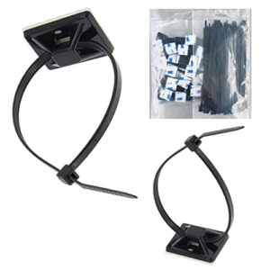 strong self adhesive wire clips cable zip tie mounts 3/4" with 6 inch zipties black uv protection outdoor 100 pcs,sticky wire fasteners cable guide management mounting suqare holder anchor base small