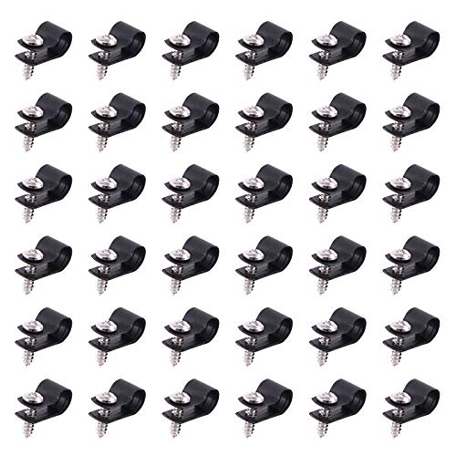 Swpeet 60 Pack Black 5/16 Inch Nylon Plastic R-Type Cable Clips Clamp Kit, Nylon Screw Mounting Cord Fastener Clips with 60 Pack Screws for Wire Management (5/16 Inch, Black)