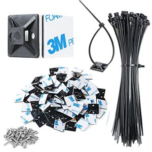 xhf 3/4" strong back-glue self adhesive black cable zip tie mounts 100pcs with 8" zip ties, screws, uv protection outdoor sticky wire fasteners cable clips management anchors organizer holders squares