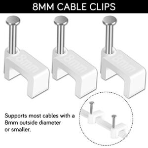 Cable Clips - CableGeeker 100 Pieces Ethernet Cable Clips with Nails 8mm Cord Holder for Cat6 Cat7 Flat Ethernet Cable (White)