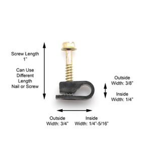 THE CIMPLE CO - Single Coaxial Cable Clips, Cat6, Electrical Wire Cable Clip, 1/4 in (6 mm) Screw Clip and Fastener, Black (100 Pieces per Bag)