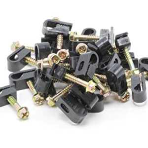 THE CIMPLE CO - Single Coaxial Cable Clips, Cat6, Electrical Wire Cable Clip, 1/4 in (6 mm) Screw Clip and Fastener, Black (100 Pieces per Bag)