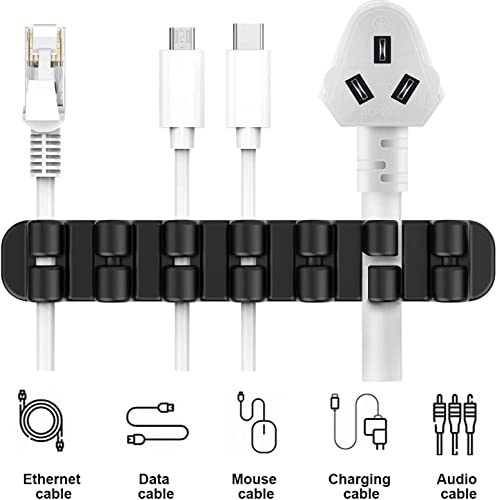 SOULWIT Upgraded Cable Holder, Cable Management Cord Organizer Clips Silicone Self Adhesive for Desktop USB Charging Cable Power Cord Bedside Wire PC Office Home (3/5/7 Slot,Black)