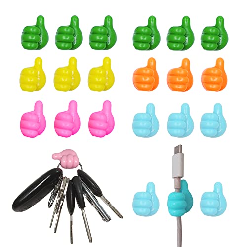 MYPLAISIR Key Hooks for Wall, 24Pack Adhesive Cable Clips, Desk Cable Management Clips Desk Cable Organizer Thumbs up Wall Hooks for Hanging Computer Cable Management Kit Multicolour Mixed