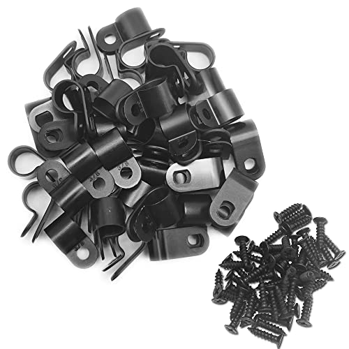 Alamic Cable Clamp R-Type Cable Clip Wire Clamp 3/8" Nylon Screw Mounting Cord Fastener Clips with Screws for Wire Management - Black - 50 Pcs