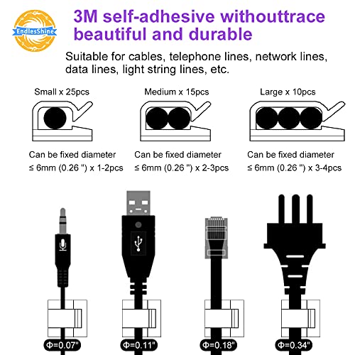 EndlesShine Wire Clips [3 Sizes 50pcs], Adhesive Wire Organizer Cable Holder Cord Management Command Clips for Office and Home (Clear)