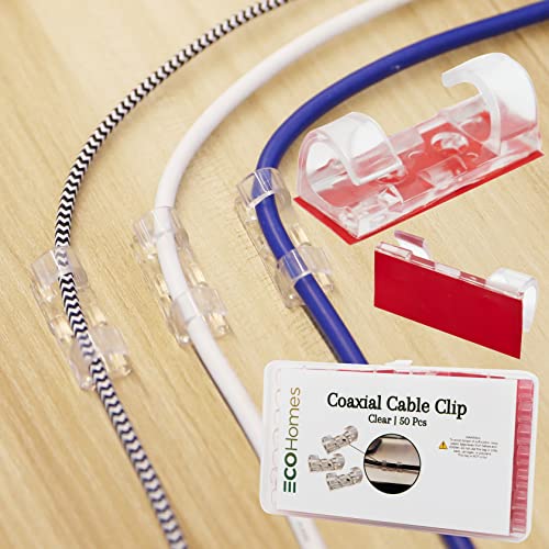 ECOHomes 50 PCs Coax Cable Wire Organizer Clips, Coaxial & Ethernet Cable Clips - Indoor & Outdoor Stick On Adhesive Extension Cord Power Cord Clips for Wall, Lights, Desk, Baseboard Wire Management