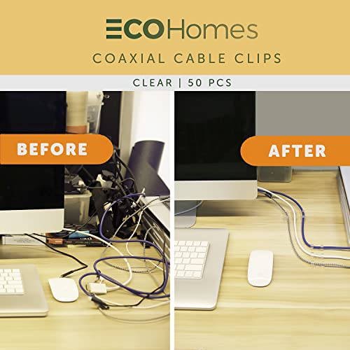 ECOHomes 50 PCs Coax Cable Wire Organizer Clips, Coaxial & Ethernet Cable Clips - Indoor & Outdoor Stick On Adhesive Extension Cord Power Cord Clips for Wall, Lights, Desk, Baseboard Wire Management