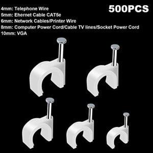 500pcs Cable Clips with Steel Nail in Cable Clips White 4mm 5mm 6mm 8mm 10mm Cable Wire Clips Cable Wall Clip Wire Staples Cord Clips for Wall Coaxial Cable Staples RG6 RG59 CAT6 RJ45 Wire Clips