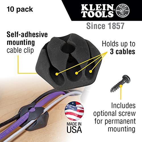 Klein Tools 450-410 Cable Clips, Self-Adhesive 3-Slot Cable, Cord Magement Mounting Clips, Optiol Screw for Permanent Mounting, 10-Pack