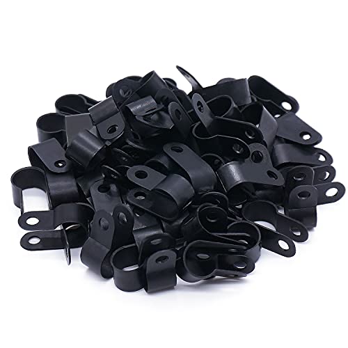 mankk 100PCS 1/4 Inch Rope Light Clips P-Style Mounting Clips Plastic Cable Clamps with Compatible Stainless Steel Pan Head Phillips Screws for Wire Management M-034-BK-LS