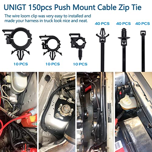 UNIGT 150pcs Push Mount Cable Zip Tie with Car Wire Loom Routing Clips, Universal Compatible with GM Ford Trucks Cars Sedan UTV Engine Bay Self Locking Straps